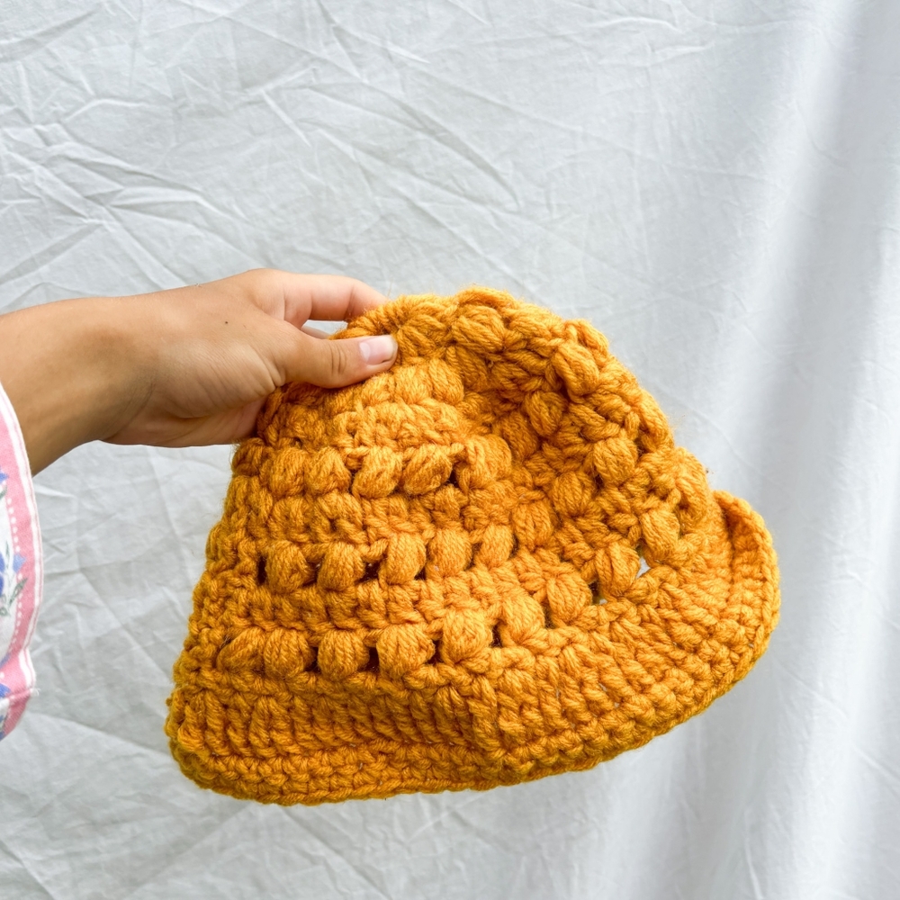 Mustard yellow/burnt orange crochet bucket hat
